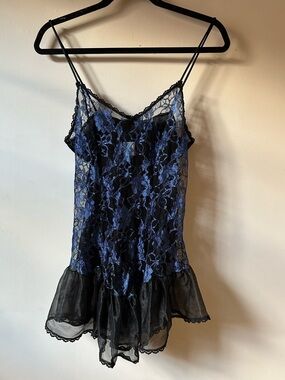 Vintage 80s Nan Flower Made In USA Blue Lace Lingerie Dress